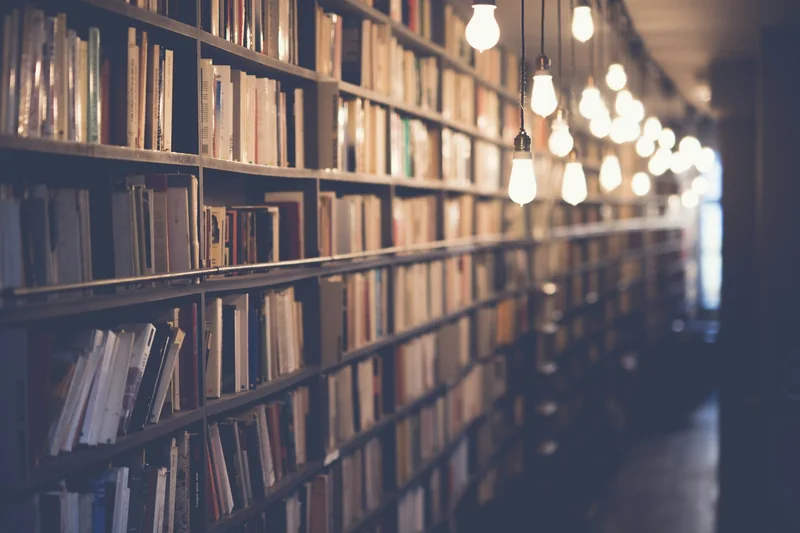 Rayonnages d'une bibliothèque baignés d'une lumière chaude